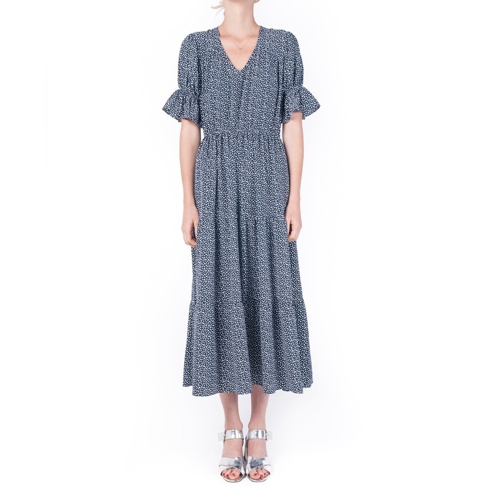 NWT Waverly Grey Navy Blue & White Print Ruffle Sleeve Tiered Maxi Dress, Size S